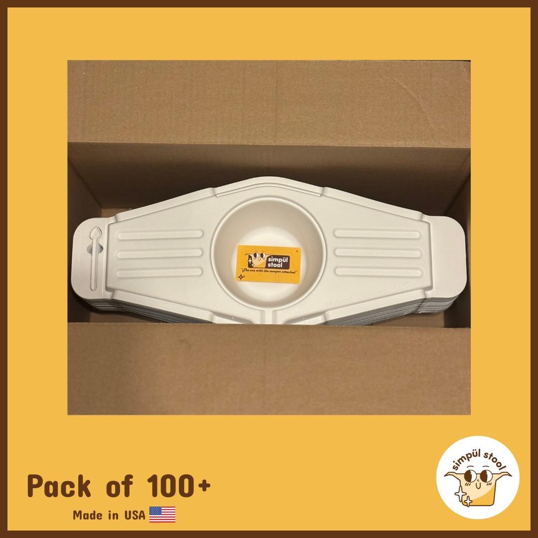 Simpül Stool collection kit – pack of 100+, packaged in box with branded business card displayed in main cavity, clinical and home use commode specimen collector.