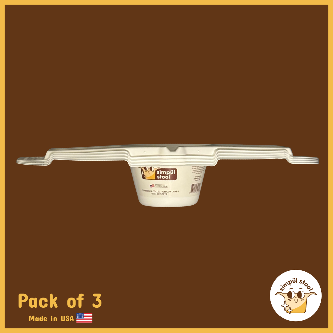 Simpül Stool sample collection containers – pack of 3, front view, USA-made, toilet hat alternative for at-home and clinical use.