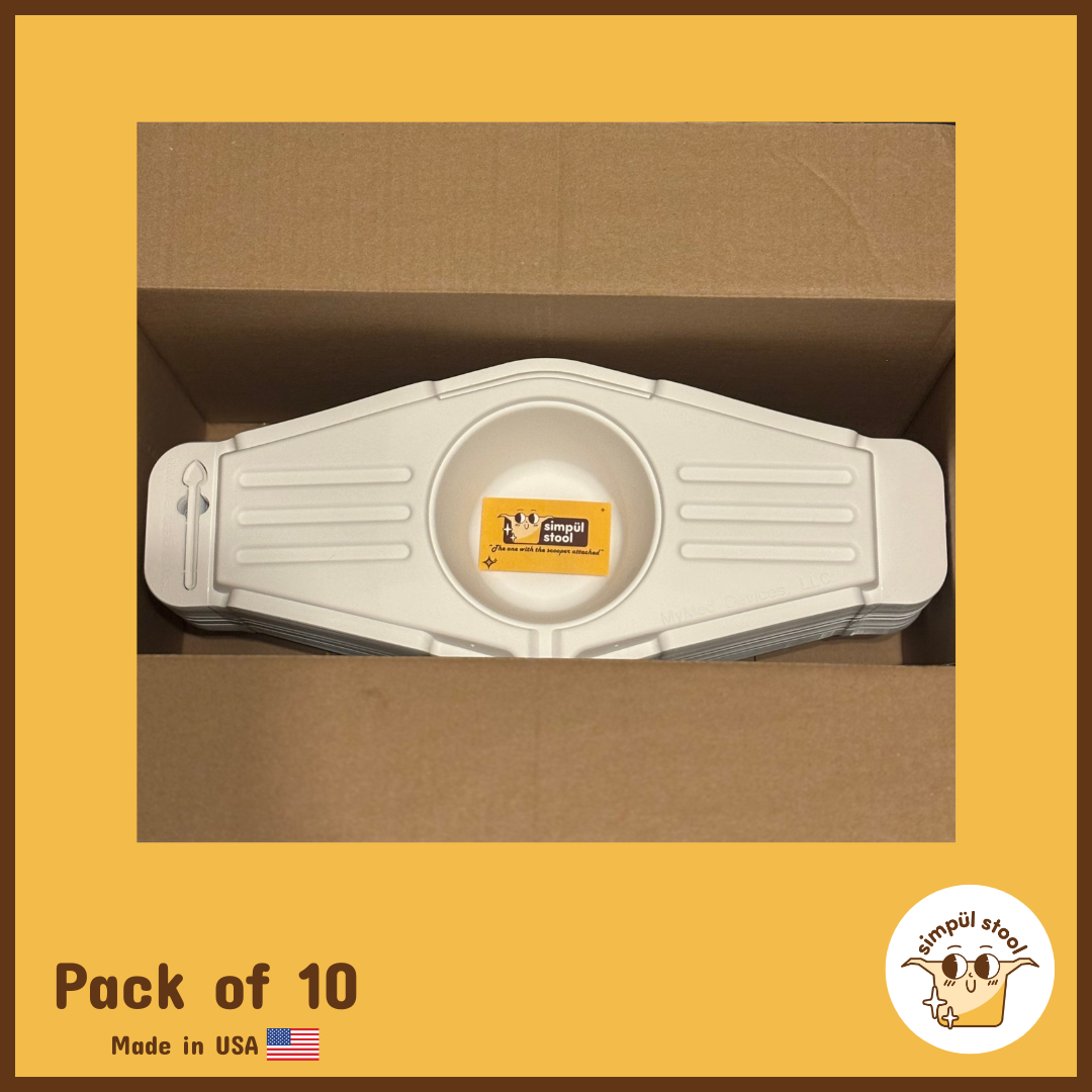 Simpül Stool collection kit – pack of 10, packaged in box with branded business card displayed in main cavity, clinical and home use specimen collector.
