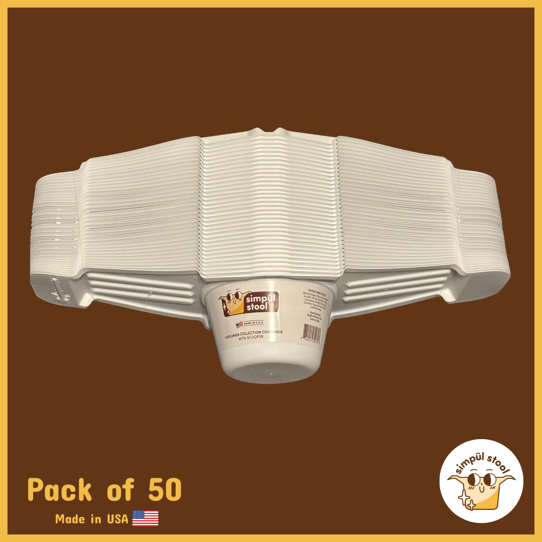 Simpül Stool sample collection containers – pack of 50, front view, USA-made, toilet hat for at-home and clinical use.