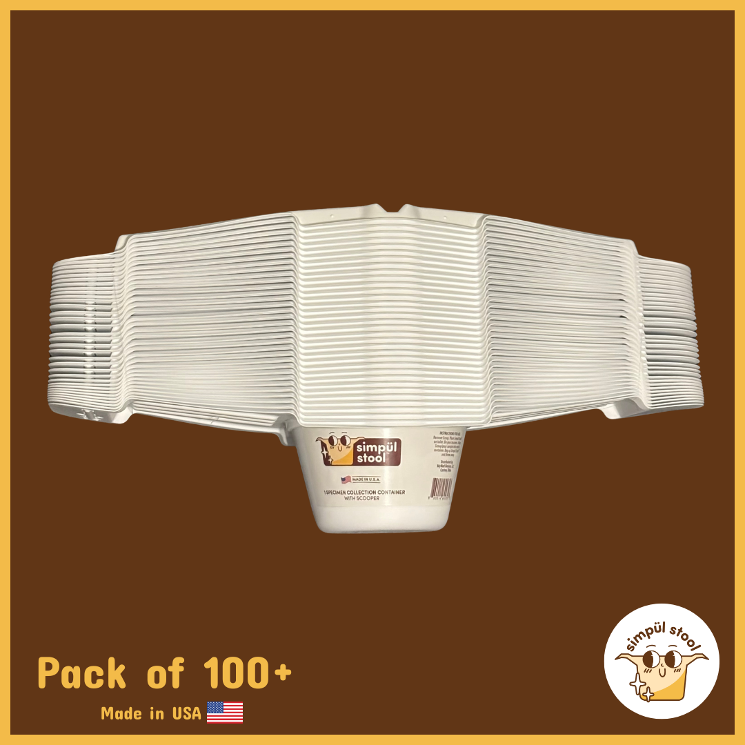 Simpül Stool sample collection containers – pack of 100+, front view, USA-made, toilet hat and commode specimen collector for at-home and clinical use.
